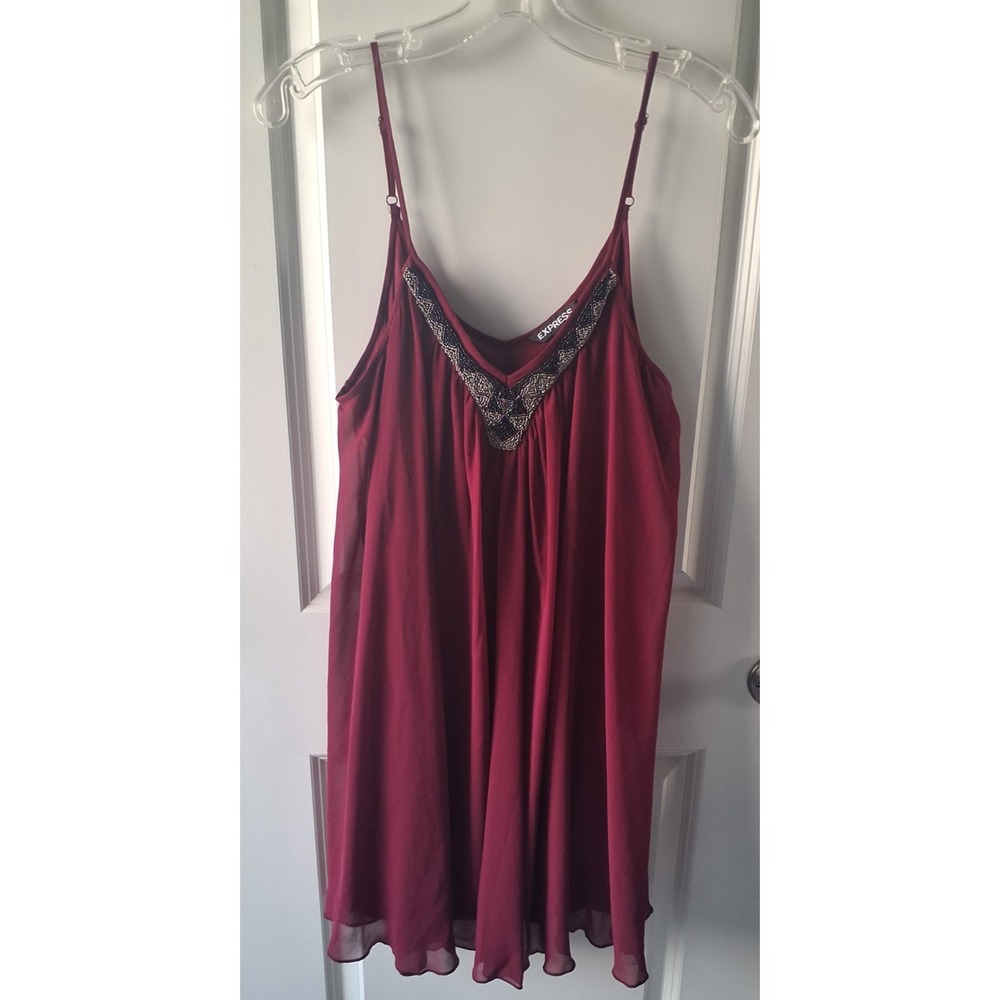 Express Dress Womens M Burgundy Beaded V Neck Flowy Sleeveless/Boho Vibes